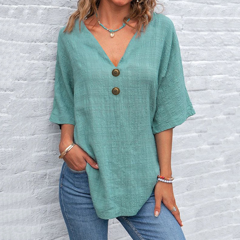 Women's Solid Color Button Linen V-neck T-shirt