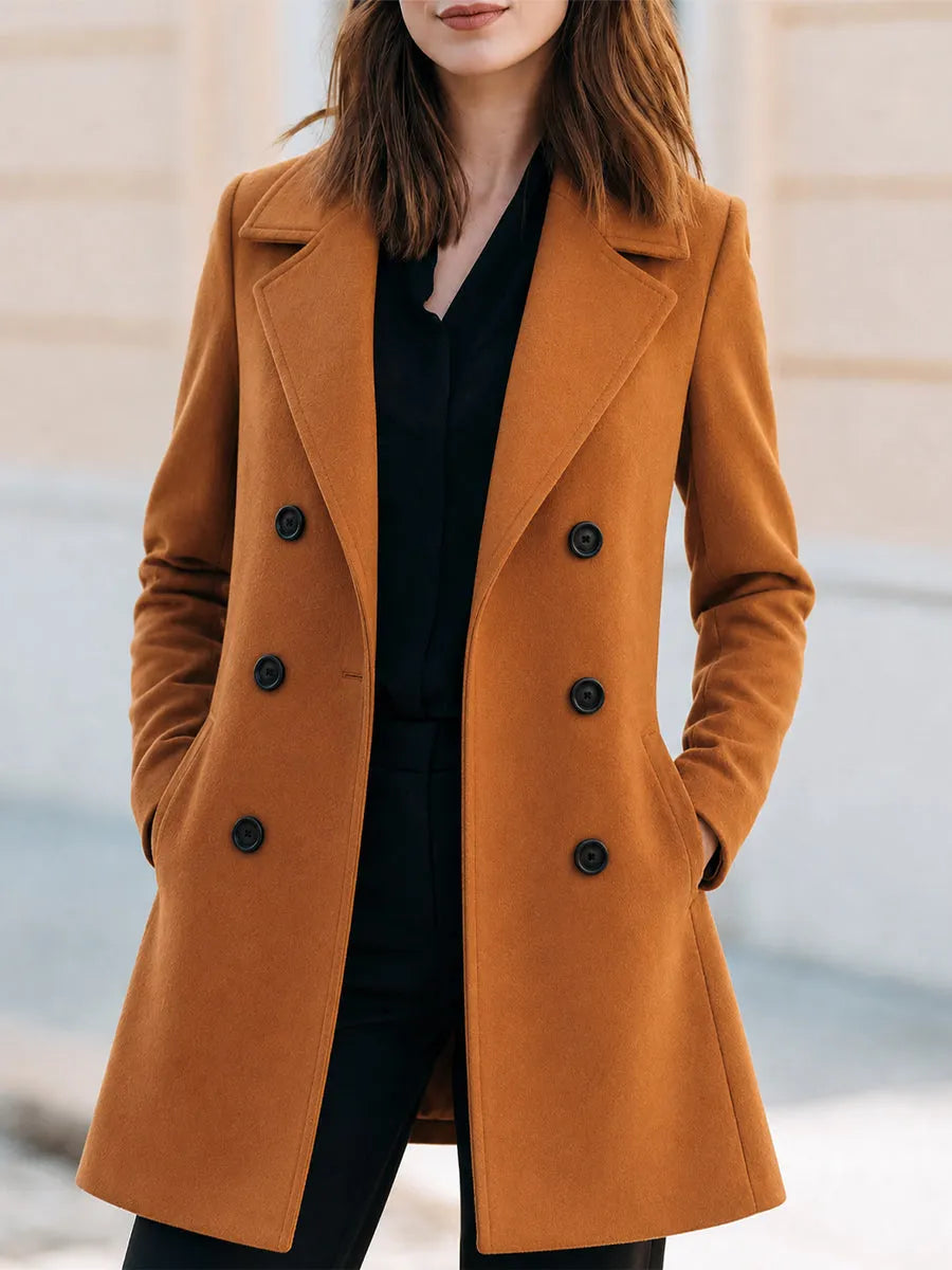 Classic Double-Breasted Mid-Length Wool Blend Coat