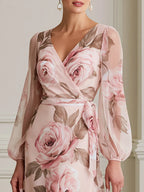 Watercolor Rose Print Wrap Puff Sleeves Midi Chiffon Dress