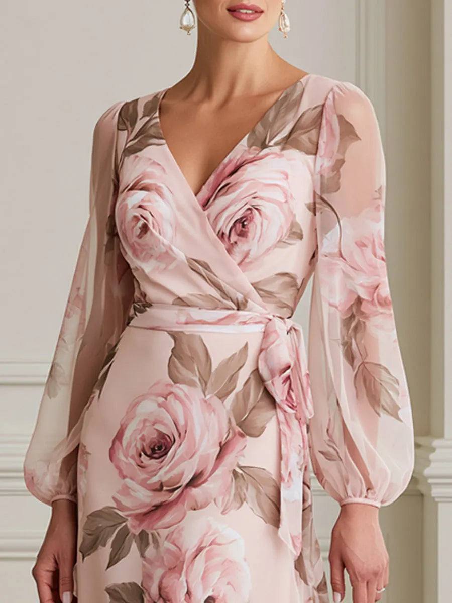Watercolor Rose Print Wrap Puff Sleeves Midi Chiffon Dress
