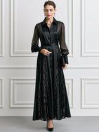 Sheer Sleeve Button-Front Shimmer Panel Collared Shirt Maxi Dress