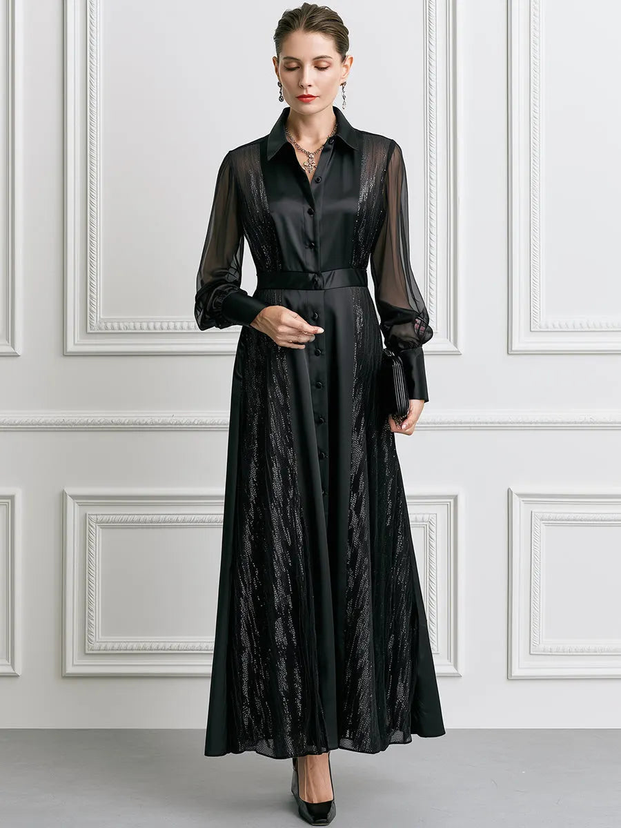 Sheer Sleeve Button-Front Shimmer Panel Collared Shirt Maxi Dress