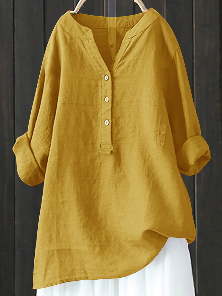 Vintage Button Cotton Linen V Neck Comfy Shirt