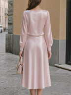 Rose-Accented Satin Draped Midi Dress
