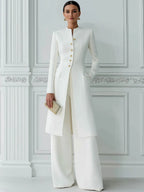 Stand Collar Gold Button Longline Blazer & Wide-Leg Pants Two-Piece Suit Set