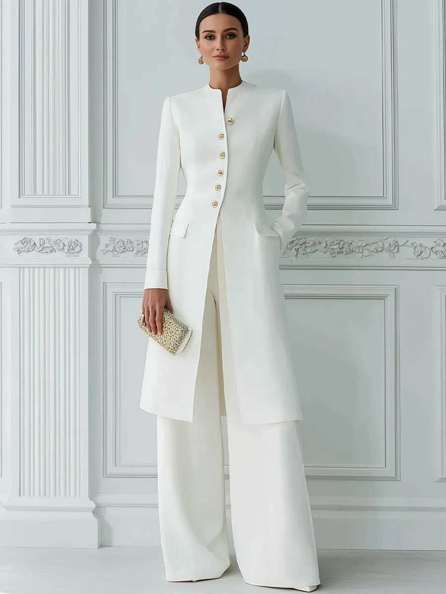 Stand Collar Gold Button Longline Blazer & Wide-Leg Pants Two-Piece Suit Set