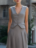 Tailored Vest & Pleated A-Line Midi Skirt Set