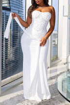 Women's Strapless Waist Cinching Hot Stamping and Diamond Splicing Elegant Temperament Dress