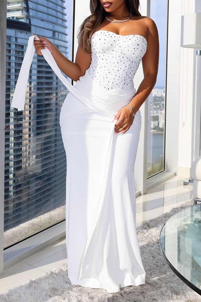 Women's Strapless Waist Cinching Hot Stamping and Diamond Splicing Elegant Temperament Dress