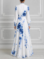 White Blue Watercolor Floral Print Shawl Collar Wrap Slit Maxi Dress