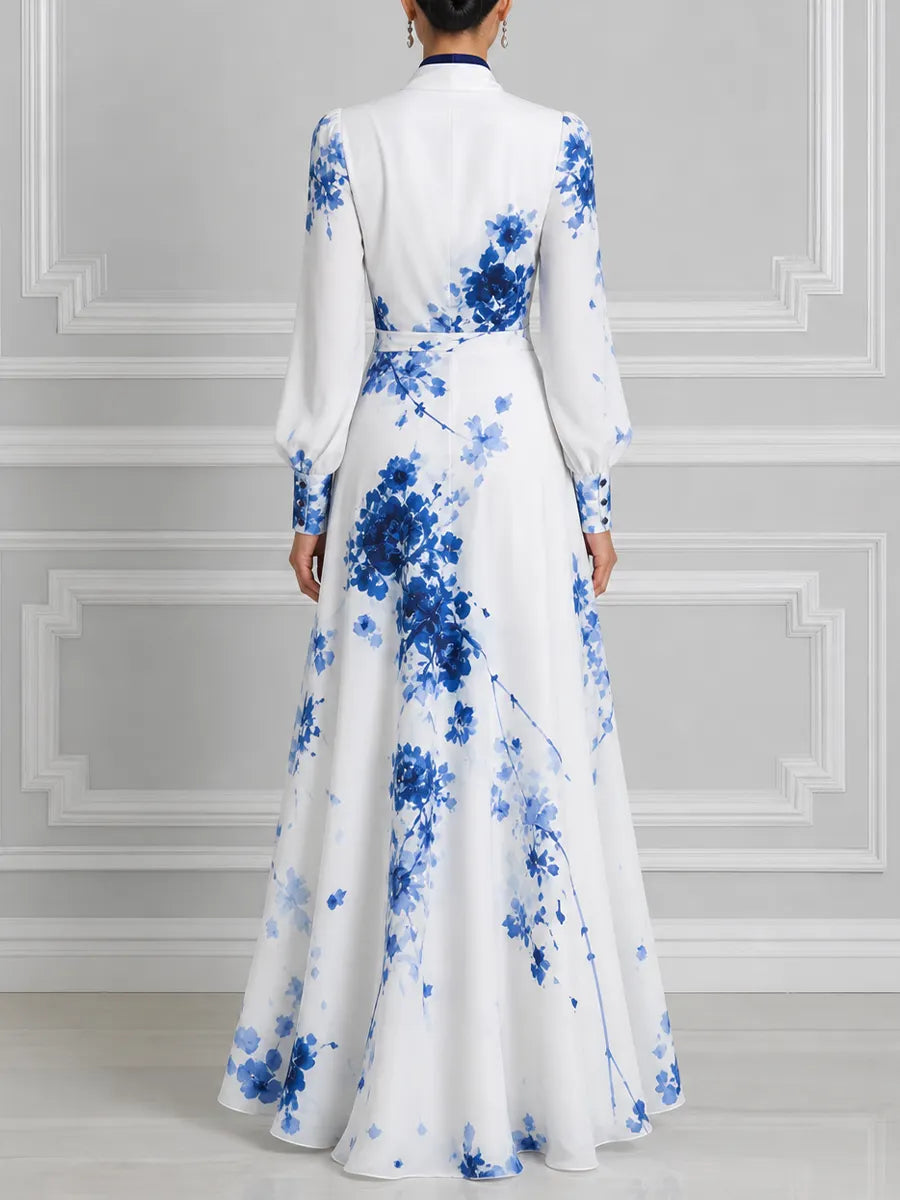 White Blue Watercolor Floral Print Shawl Collar Wrap Slit Maxi Dress