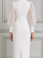 White Dress Sheer Puff Sleeve Button Front Pencil Midi Dress