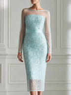 Light Ice Blue Illusion Sequin Mesh Bodycon Midi Dress