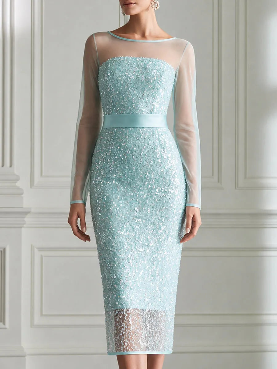 Light Ice Blue Illusion Sequin Mesh Bodycon Midi Dress
