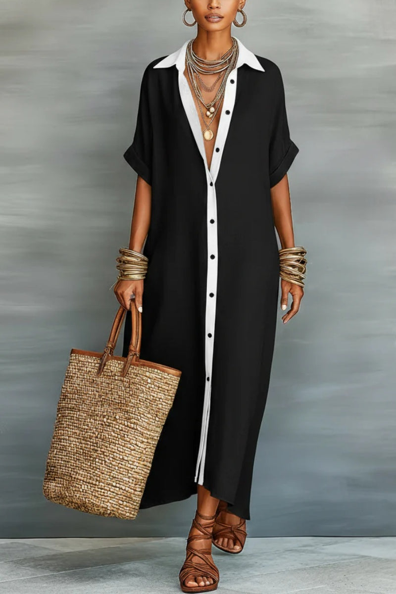 Women's Minimalist Linen Blend Short-sleeved Shirt Maxi Dress