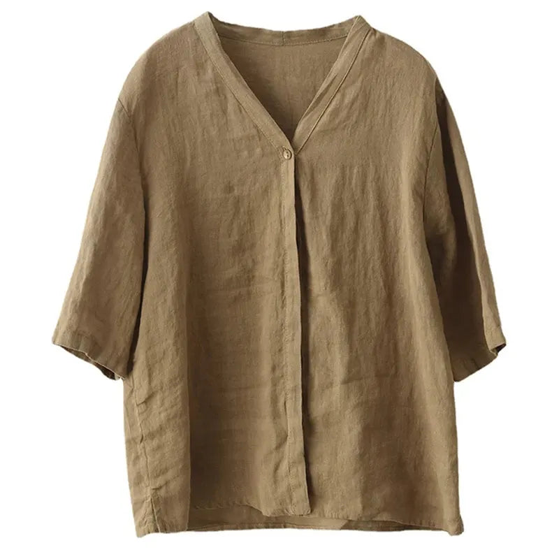 Women's Solid Color V-Neck Buttoned Mid-Sleeve Loose Casual Top