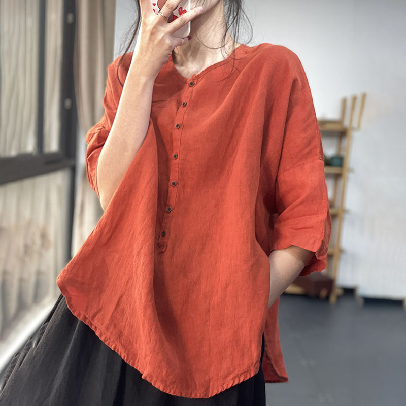 Vintage Plain Crew Neck Button Cotton Linen Casual Shirt