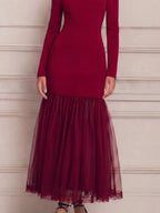 Red Dress Lace Trim Fall Wedding Guest Dress Off Shoulder Tulle Maxi Dress
