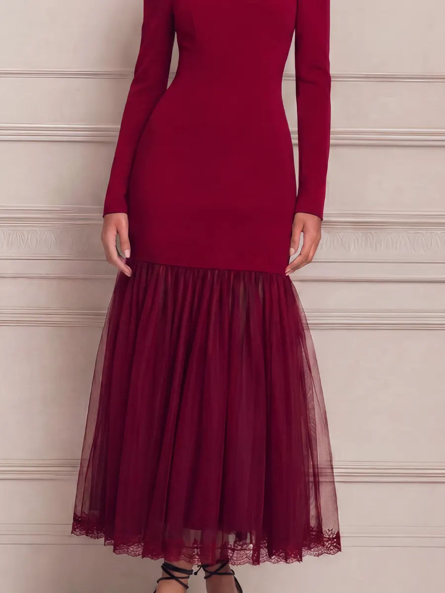 Red Dress Lace Trim Fall Wedding Guest Dress Off Shoulder Tulle Maxi Dress