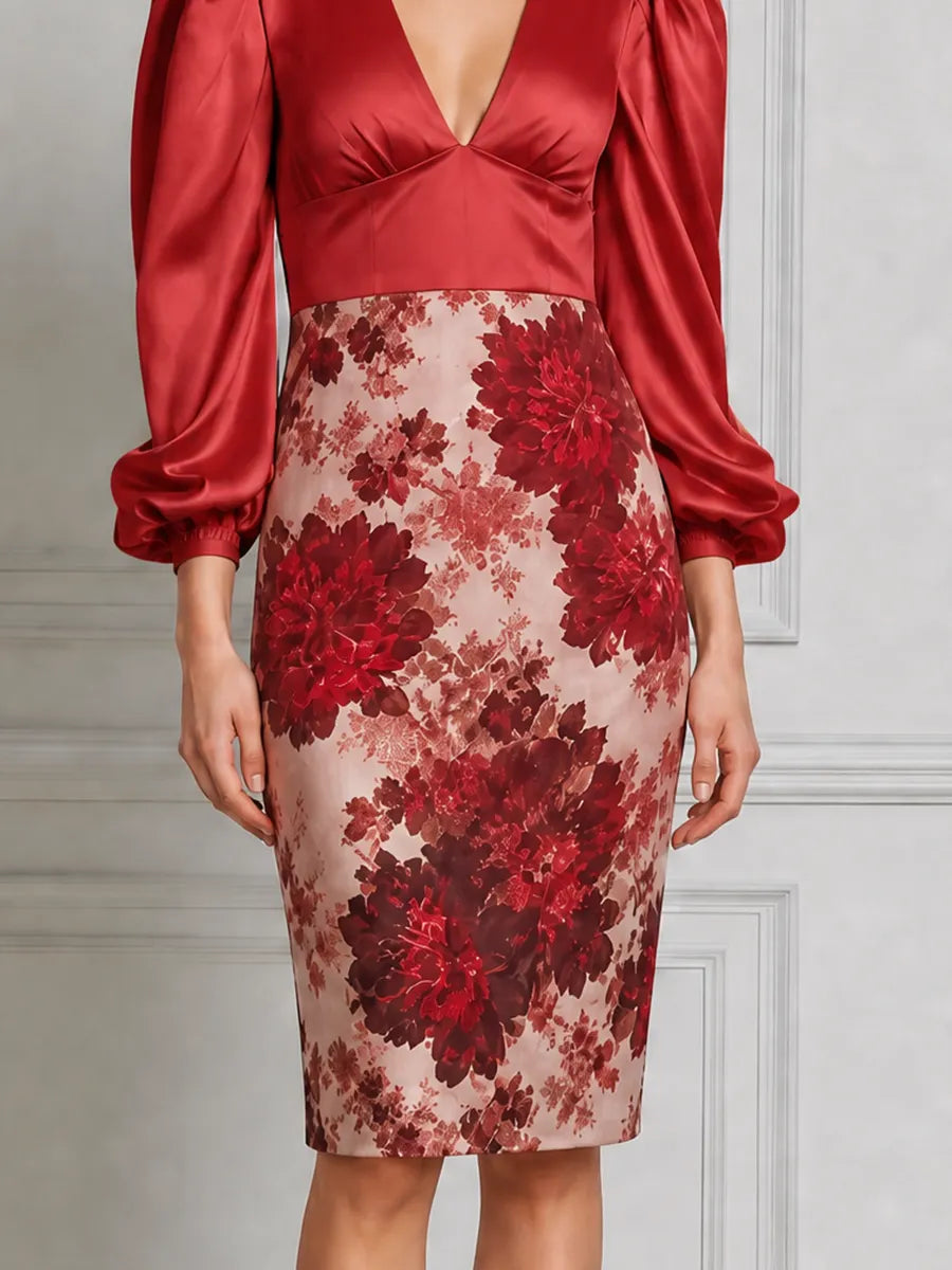 Red Dress Fall Wedding Guest Dress Satin Puff Sleeve Floral Pencil Midi Dress