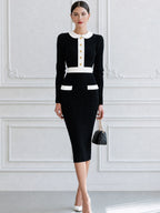 Contrast Peter Pan Collar Ribbed Knit Bodycon Midi Dress with Gold Buttons