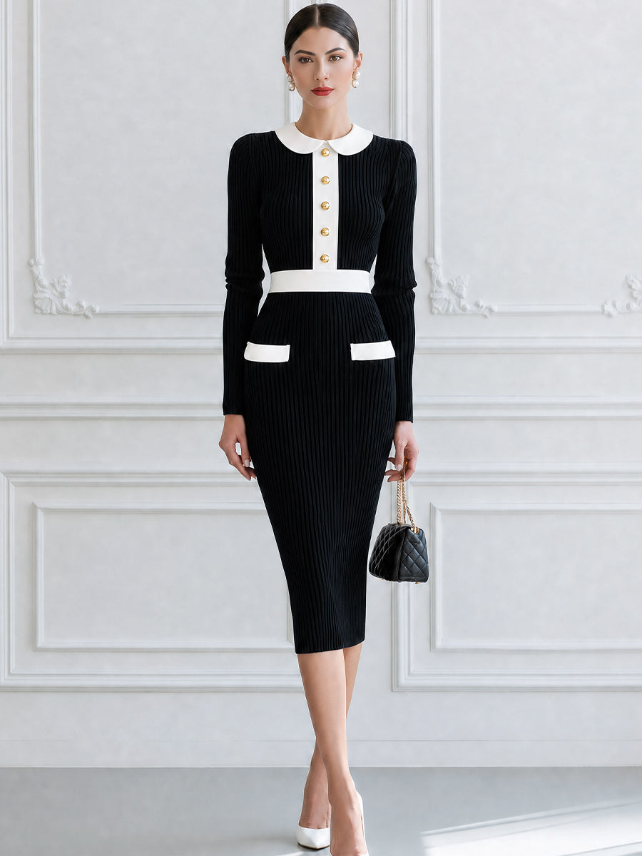 Contrast Peter Pan Collar Ribbed Knit Bodycon Midi Dress with Gold Buttons