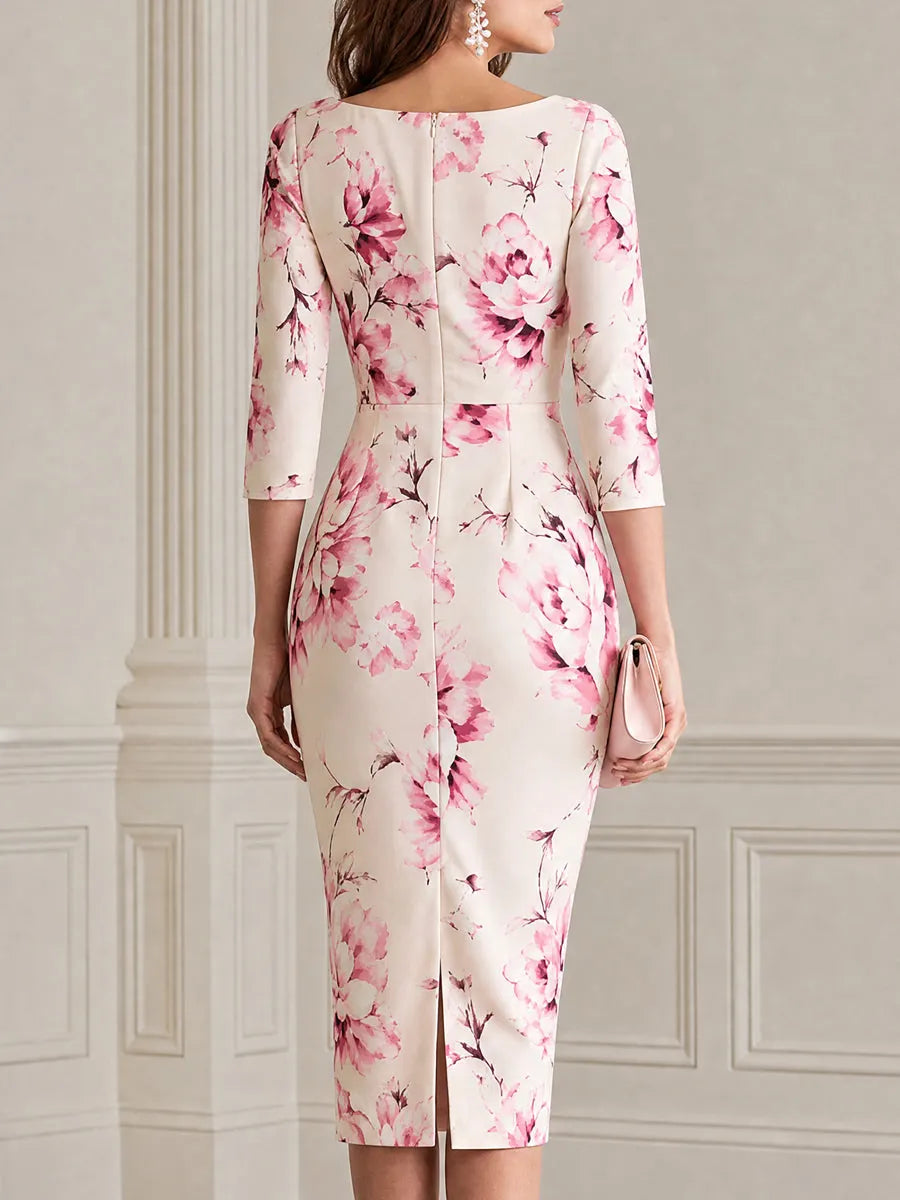 Elegant Pink Floral Cutout Neckline Bodycon Midi Dress