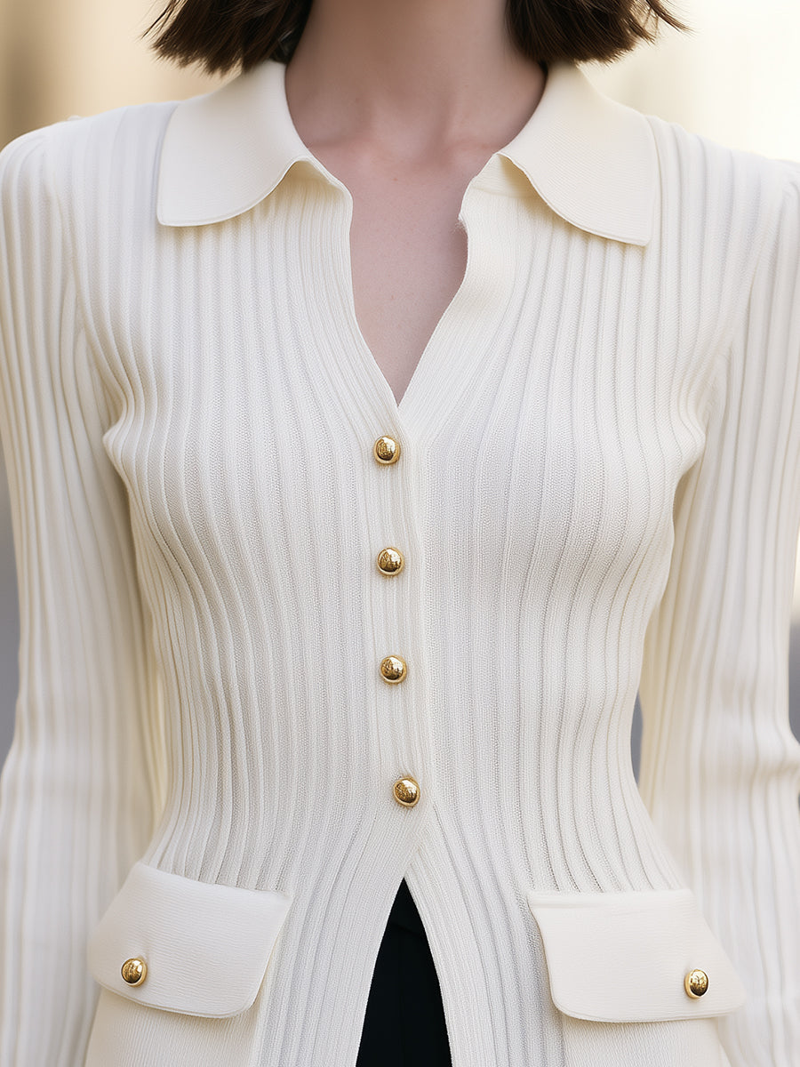 Collared Ribbed Knit Longline Cardigan