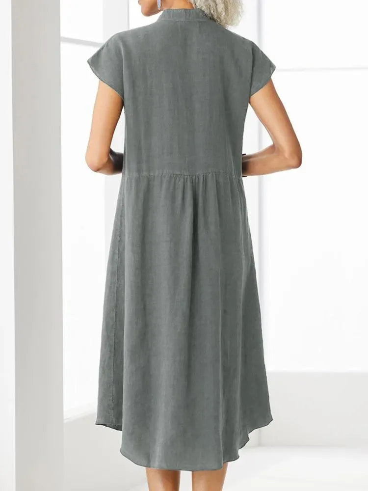 Stand Up Collar Button Down Cotton And Linen Dress With A Pocket