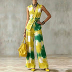 Elegant Abstract Print V-neck Sleeveless Shirt And Wide Leg Pants Two Piece Set