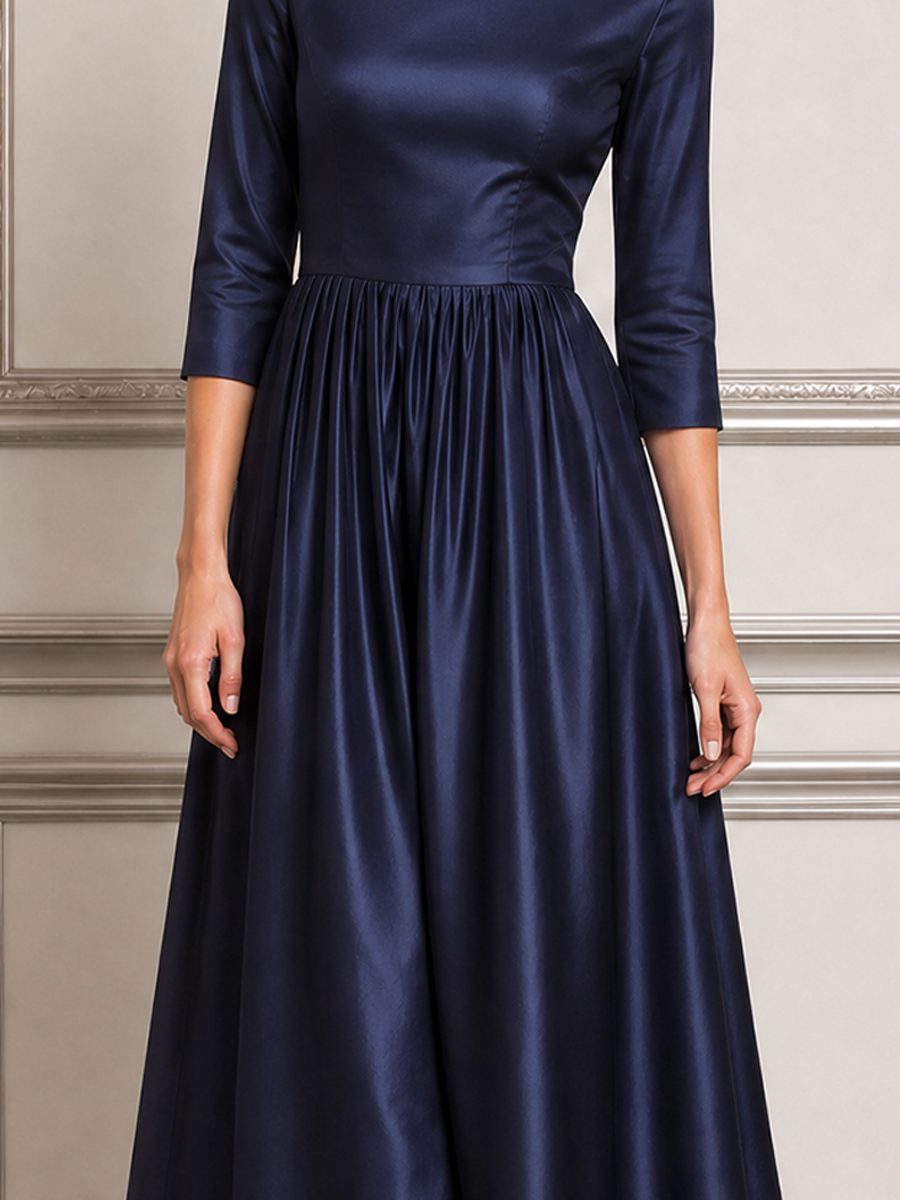 Navy Dress Fall Wedding Guest Dress Satin Mock Neck A-Line Midi Dress