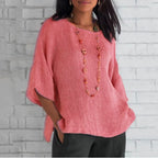 Women's Cotton Linen Three-quarter Sleeve Crew Neck Shirt