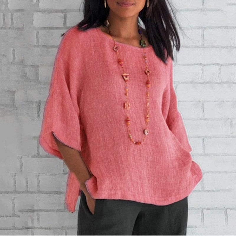 Women's Cotton Linen Three-quarter Sleeve Crew Neck Shirt