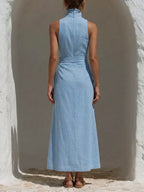 Women's Solid-color Stand-collar Sleeveless Loose-fit Cotton-linen Top & High-waisted A-line Skirt Two-piece Set