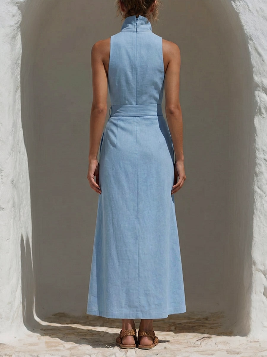 Women's Solid-color Stand-collar Sleeveless Loose-fit Cotton-linen Top & High-waisted A-line Skirt Two-piece Set