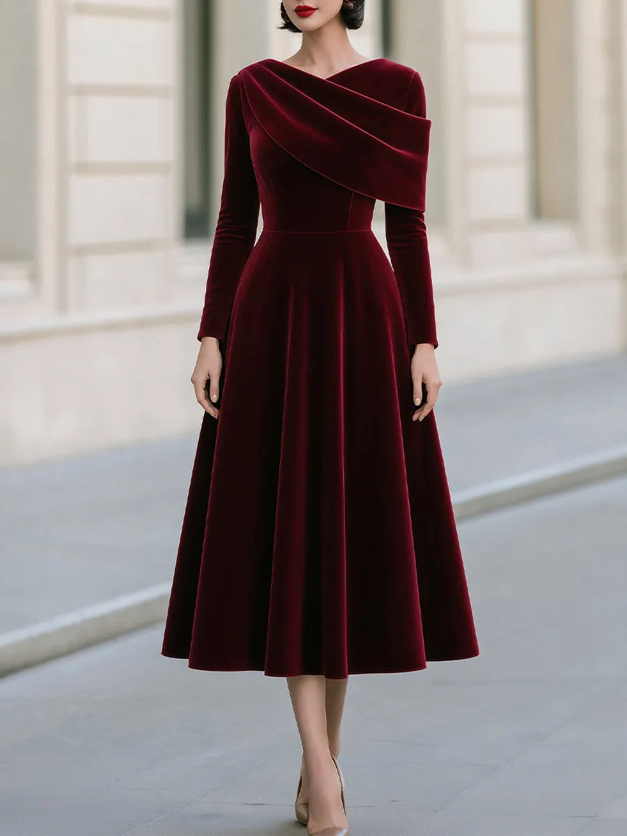 Velvet Draped Off-Shoulder A-Line Midi Dress