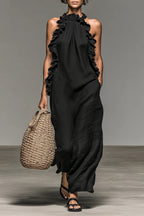 Women's Minimalist Linen-blend Sleeveless Maxi Dress With Ruffle Details
