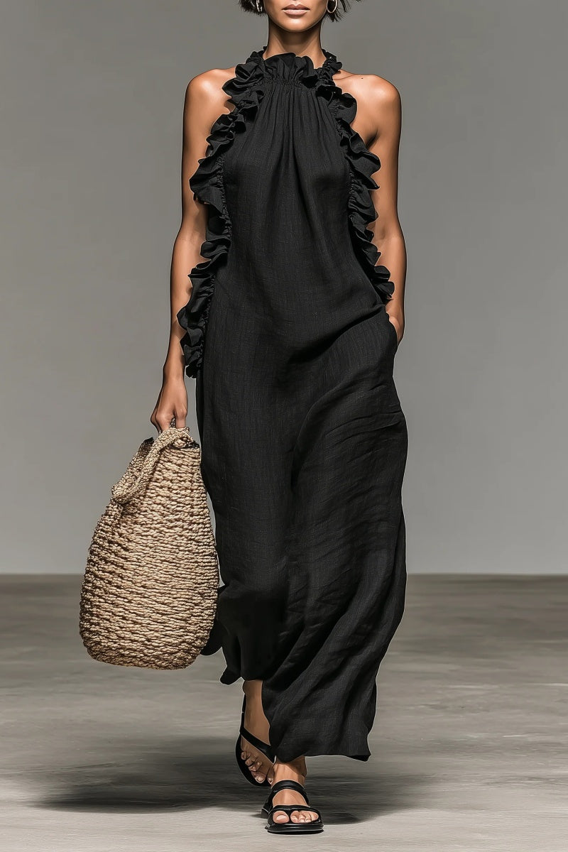 Women's Minimalist Linen-blend Sleeveless Maxi Dress With Ruffle Details