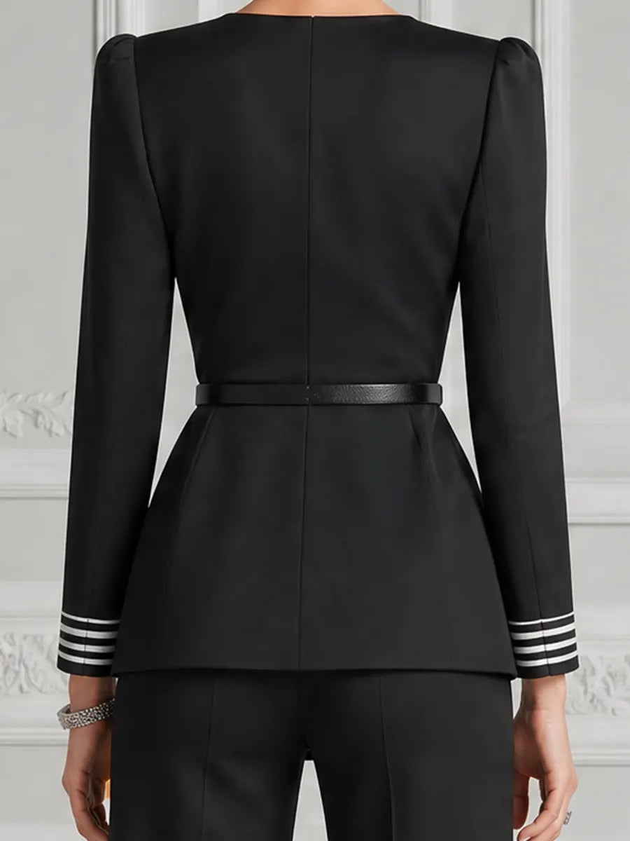 Black Contrast Stripe Belted Peplum Top & Flare Pants Set