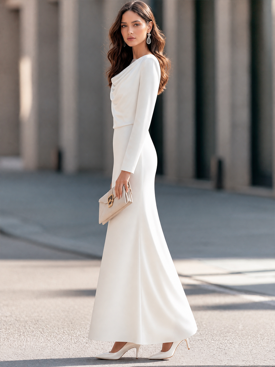 Elegant Cowl Neck Long Sleeve Maxi Dress with Lace Trim