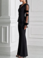 Double-Breasted Sheer Striped Mesh Balloon Sleeve Blazer & Flare Pants Two-Piece Suit Set