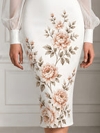 Sheer Puff Sleeve Floral Print Satin Bodycon Midi Dress