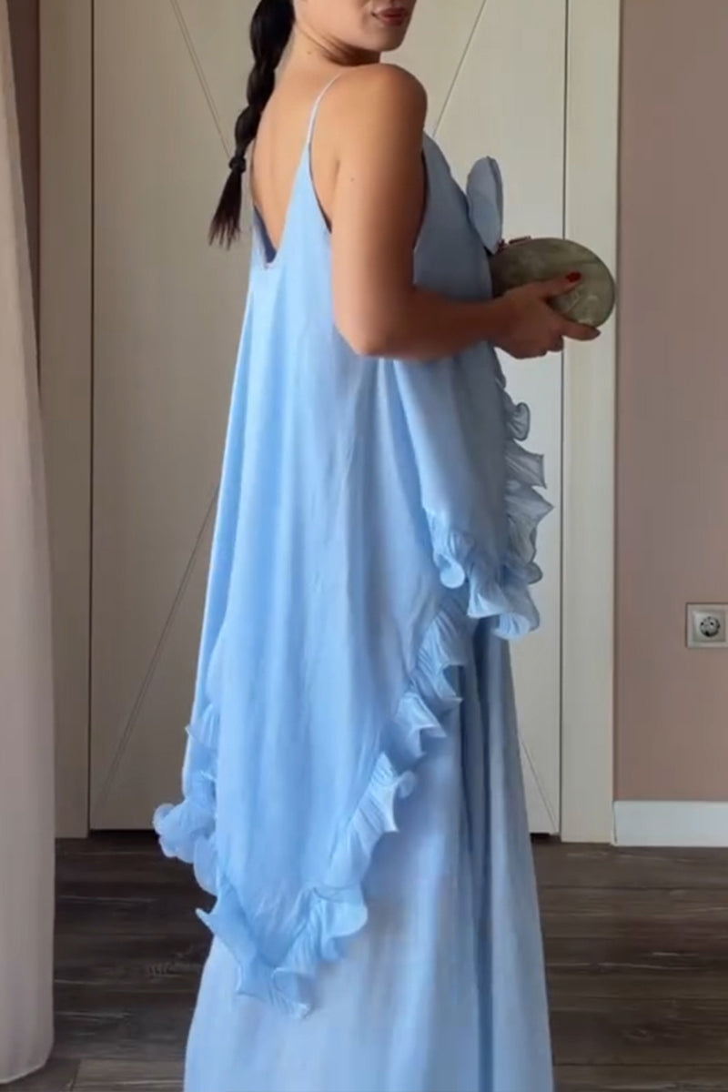 Women's Casual Loose Ruffle 3D Flower Decoration Maxi Dress