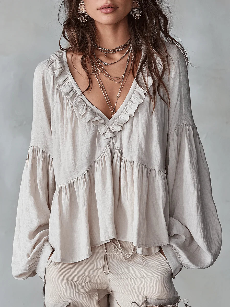 Women's Solid Color Retro Ruffled Casual Cotton Linen Shirt