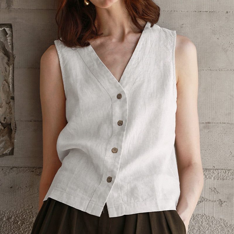Women's Solid Color Cotton-linen Button-up Vest