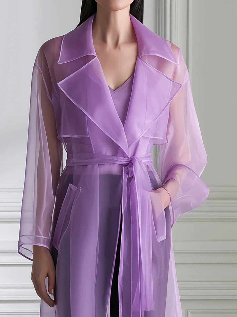 Sheer Organza Belted Trench Coat And Camisole Set