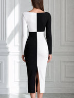 Black And White Color Block Long Sleeve Midi Bodycon Dress