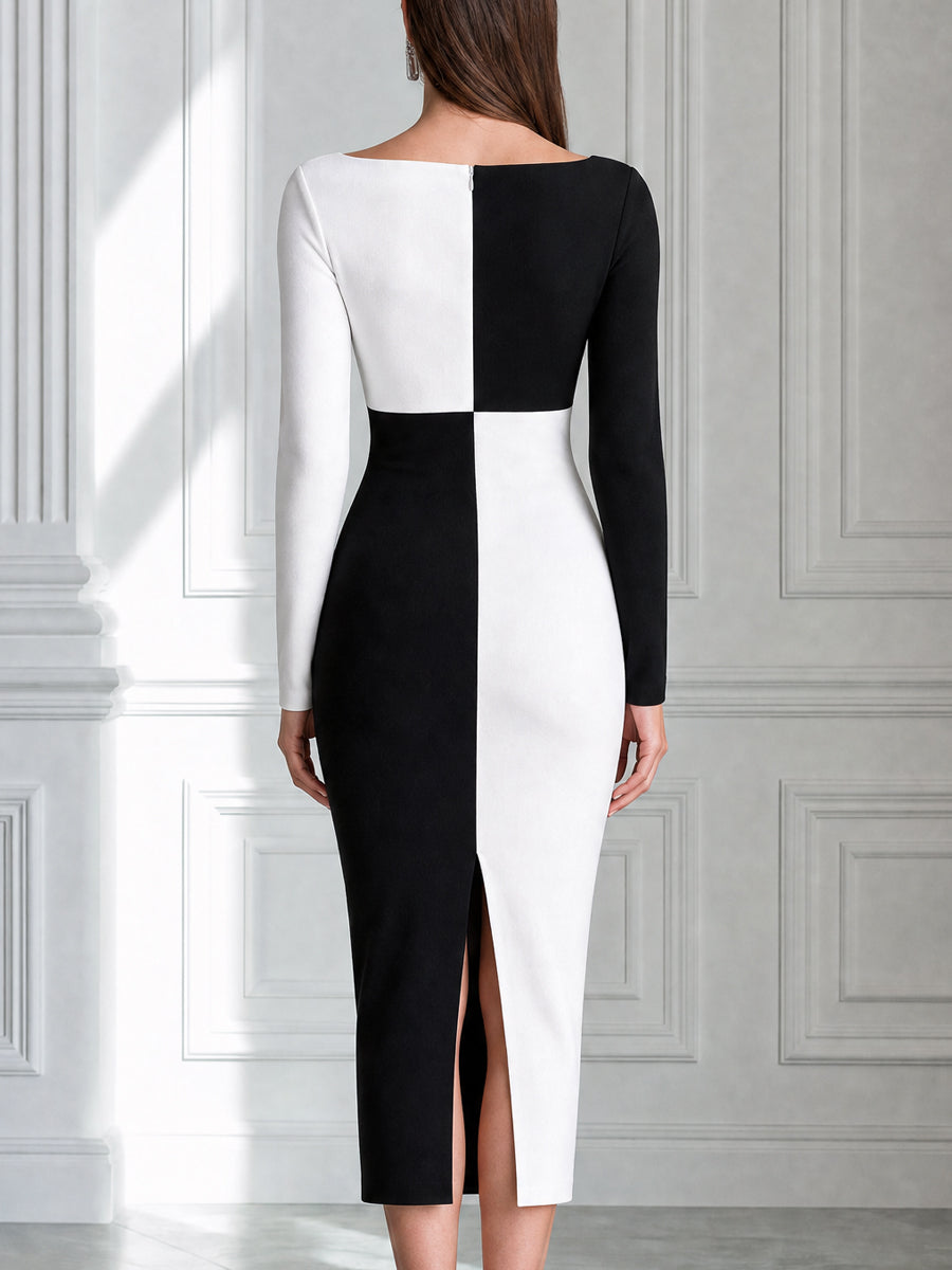 Black And White Color Block Long Sleeve Midi Bodycon Dress