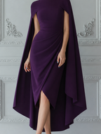 Purple Dress Fall Wedding Guest Dress Cape Sleeve Wrap Midi Dress