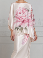 White Dress Pink Peony Satin Cape Overlay Pencil Midi Dress